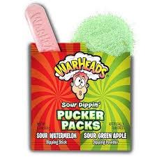 Warheads Sour dippin’ Pucker Packs Sour Watermelon and Sour Green Apple Individual pcs